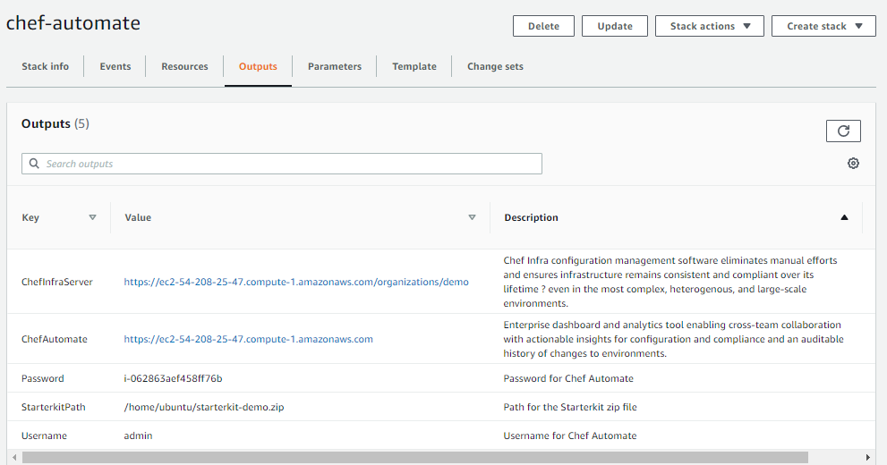 Output AWS Chef Automate deployment Outputs tab contains your instance URL, user name, and password